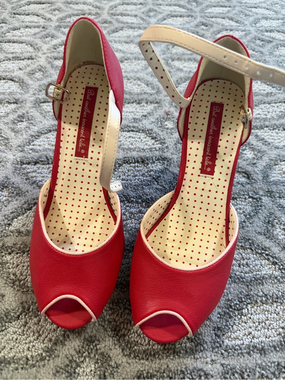 BAIT Red Peep-Toe Ankle-Strap Heels with Cream Trim